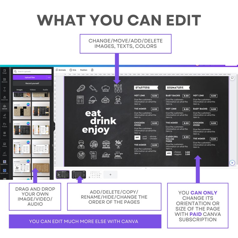 May include: A black and white chalkboard menu with the text "eat, drink, enjoy" and a list of menu items with prices. The menu is divided into two sections: "Starters" and "Signature".