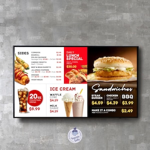 May include: A digital menu board with a red and white background. The menu lists various food items, including sides, sandwiches, and ice cream. The prices are listed next to each item. The menu also includes a daily lunch special for $30.00.