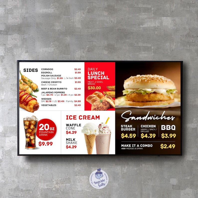 May include: A digital menu board with a red and white background. The menu lists various food items, including sides, sandwiches, and ice cream. The prices are listed next to each item. The menu also includes a daily lunch special for $30.00.