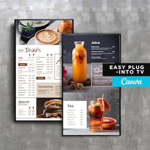 Plantilla de Canva para tablero de menú digital editable con TV estática para restaurante, cafetería, desayuno, autoservicio, camión de comida, té y batidos