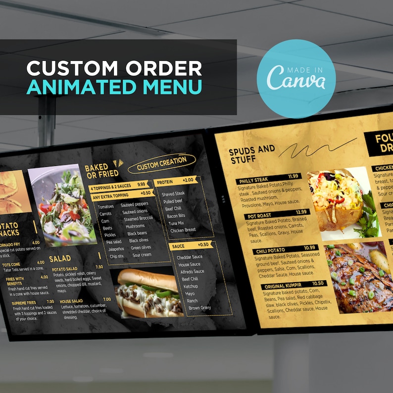 May include: A digital menu board with a custom order animated menu. The menu features baked or fried potatoes with toppings and sauces, a custom creation section with protein and sauce options, and a spuds and stuff section with baked potato options. The menu also includes a four-door chicken section.