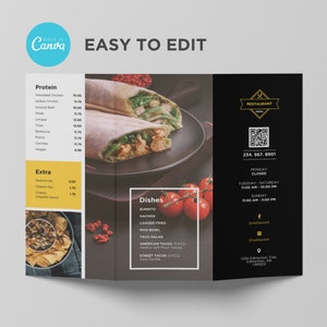 Modelo de menu de brochura de comida mexicana tripla para viagem para restaurante, pizza, hambúrguer, café, café da manhã, drive thru, food truck, editável, moderno, Canva
