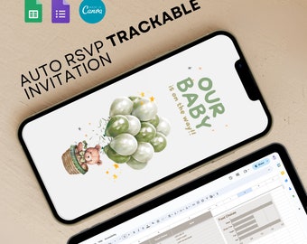 May include: A digital invitation with a green and white illustration of a teddy bear holding balloons. The text "Our Baby is on the way!" is written in green and white. The invitation is designed to be used with a digital RSVP system.