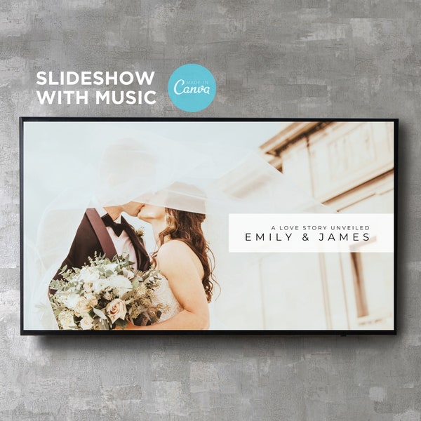 Wedding Rehearsal Slideshow Presentation Template with Music Photo Collage Slide Show Digital Video Movie Canva Text Image Song Editable