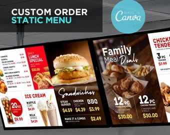 2 - Custom Order Static Digital TV Editable Canva Menu Board Screen for Restaurant Pizza Burger Cafe Breakfast Drive Thru Food Truck