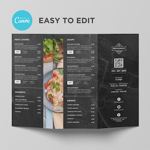 Modelo de menu de brochura para viagem com três dobras para restaurante, pizza, hambúrguer, café, café da manhã, drive thru, food truck, cozinha, canva, editável, moderno