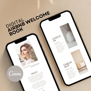 Könnte beinhalten: Ein digitales Willkommensbuch für Airbnb-Gäste mit weißem Hintergrund und schwarzem Text. Das Buch enthält ein Foto einer Frau, eine Willkommensnachricht, Check-in- und Check-out-Zeiten sowie eine Erinnerung, den Aufenthalt zu genießen. Das Buch wird auf einem Smartphone angezeigt.