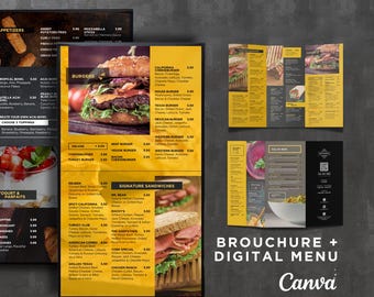 May include: A yellow and black menu with a photo of a burger and a sandwich. The menu lists different types of burgers, sandwiches, and salads. The text on the menu includes "Burgers", "Signature Sandwiches", "Brochure + Digital Menu", and "Canva".