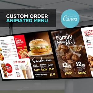 2 - Kundenspezifischer Auftrag Animierter Digital TV Bearbeitbarer Canva Menu Board Bildschirm für Restaurant Pizza Burger Cafe Frühstück Drive Thru Food Truck