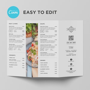 Modelo de menu de brochura para viagem com três dobras para restaurante, pizza, hambúrguer, café, café da manhã, drive thru, food truck, cozinha, canva, editável, moderno