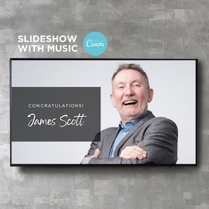 Retirement Slideshow Presentation Template with Music Photo Collage Slide Show Digital Video Movie Album Book Canva Text Image Song Editable