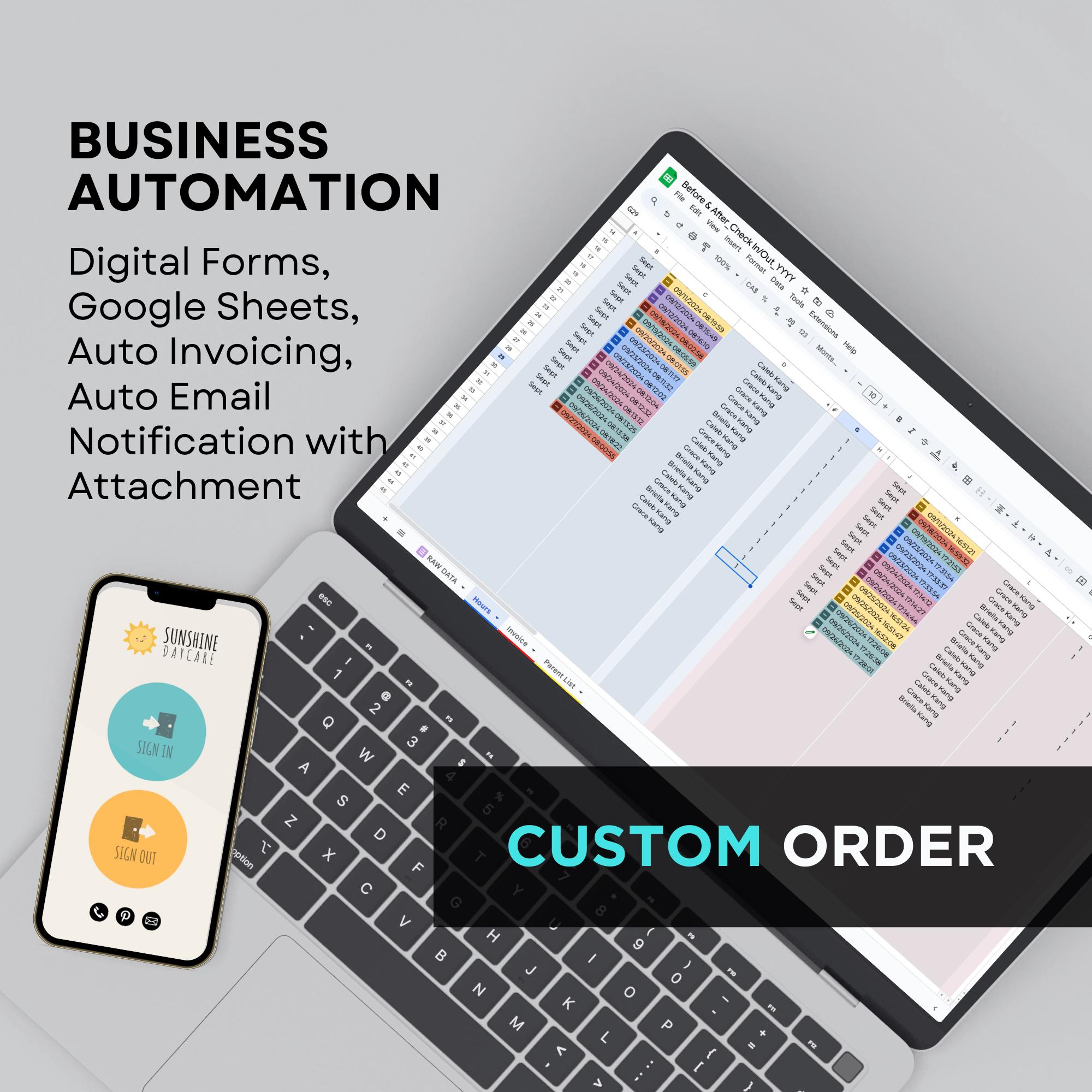 Automation Plumbing Heating, Electrical, Cleaning Home Services, Google Sheets, Job Tracking, Scheduling, Emails, PDF Invoices, Custom Order