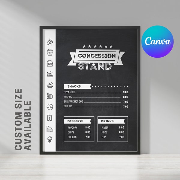 Concession Stand Menu Sign Template for Fast Food Pizza Burger Sandwich Ice Cream Juice Cafe Breakfast Drive Thru Food Truck Chalkboard