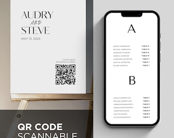 Plano de asientos digital Menú Agenda Orden de eventos Libro de visitas de boda, orden alfabético Busque su nombre Asiento Mesa Código QR Plantilla escaneable