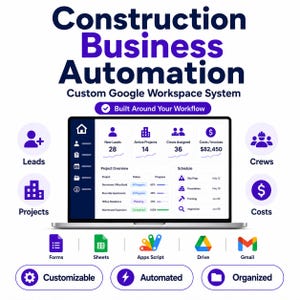 Pode incluir: Um painel digital para Construction Business Automation, Custom Google Workspace System, Built Around Your Workflow. A tela exibe métricas de projetos, leads e cronogramas. Ícones para Forms, Sheets, Apps Script, Drive e Gmail estão presentes.