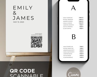 Digital Seating Chart Plan Menu Agenda Order of Events Wedding Guest Book, Alphabetical Find Your Name Seat Table QR Code Scannable Template
