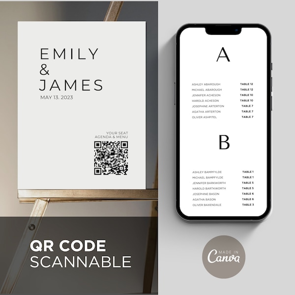 Digital Seating Chart Plan Menu Agenda Order of Events Wedding Guest Book, Alphabetical Find Your Name Seat Table QR Code Scannable Template