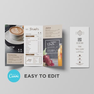 Modelo de menu de folheto para viagem com três dobras para bebidas para restaurante, sanduíche, café da manhã, drive thru, food truck, chá, smoothie