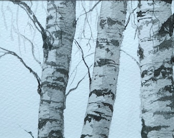 Nature decor, birch with Chinese ink, nature painting, framed birches