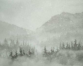 Nature decor, mountain artist, handmade painting, original watercolor