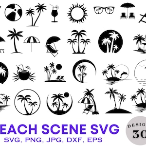 strandtafereel, zonsondergang strandtafereel, SVG PNG-bestanden voor snijmachines, digitale clipart, palmbomen, tropisch, vakantie, Oceaan, zomer, eiland