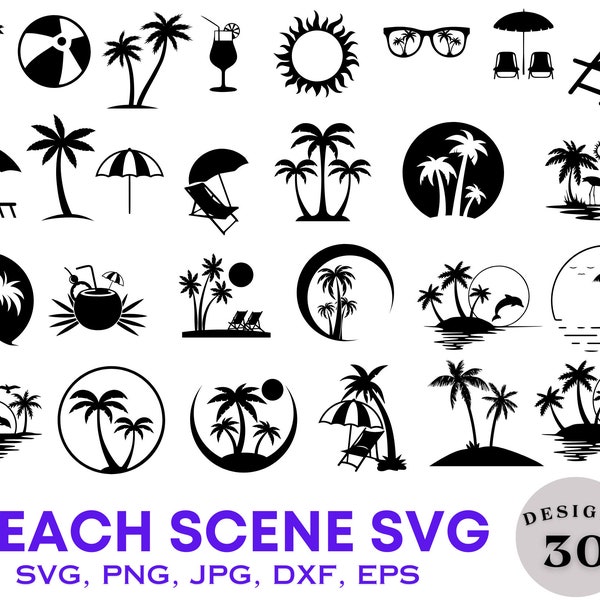 beach scene, Sunset beach scene, SVG PNG Files for cutting machines, digital clipart, palm trees, tropical, vacation, ocean, summer, island