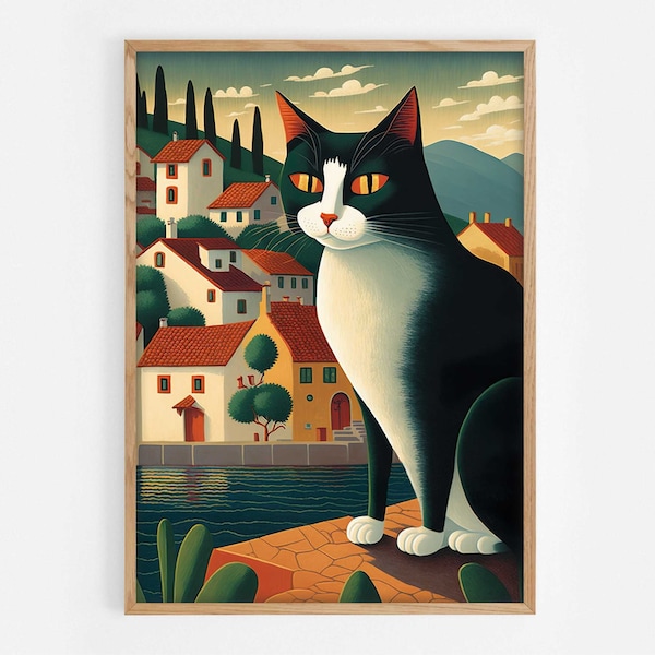 Chat noir et blanc à la mer Adriatique, Impression d’art naïf, Décor mural pour chat, Cadeau pour les amoureux des chats, Décoration intérieure, Illustration originale de chat, Numérique