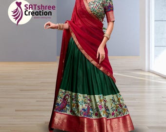 Green Lehenga Half Saree Set,Indian Wedding Lehenga Saree,Traditional South Indian Half Saree Outfit,Festive Lehenga Choli with Dupatta