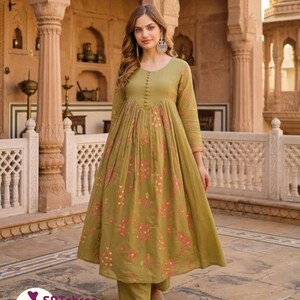 olive green anarkali dress Women's Olive Silk Embroidery Anarkali Set Green / M