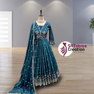 Designer Blue Long Gown, Wedding Wear Long Gown, Fully Flair Embroidered Gown, Ready to Wear Gown, Party Wear Long Gown, Anarkali Long Gown