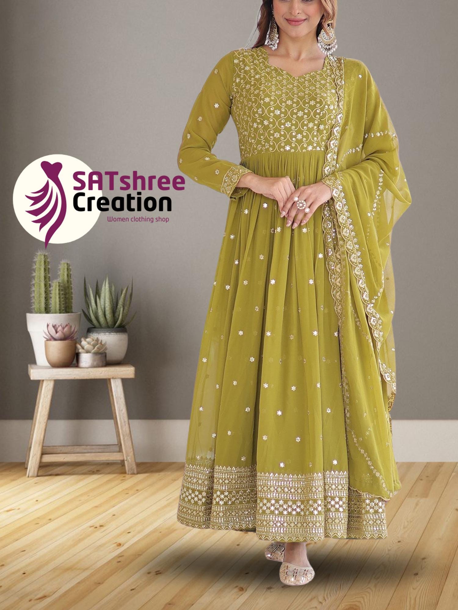 green emerald velvet dress Pista Color Pure Roman Silk Ruffle Style Anarkali Gown main image 0