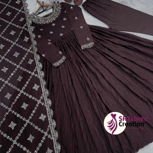 Brown Designer anarkali gown For Women Readymade Long gown with dupatta set Chinon Crush Gown Indian Wedding Wear Suit 3pc Partywear Gown