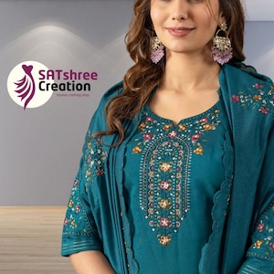 Hand Embroidered Feroze Blue Silk Salwar Kameez with Chiffon Dupatta