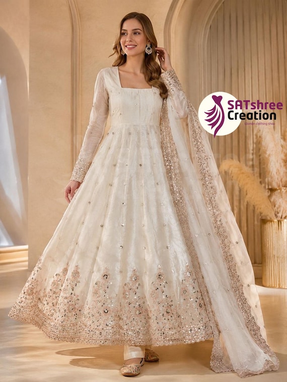 pakistani bridal shower dresses Ivory White Anarkali Gown for Women, Embroidered Suit, Dress, Engagement Outfit with Dupatta bridesmaid events vintage feminine dress US ARMY USMC DRESS Size:US 22W