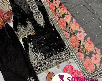 Embroidered Black Velvet Salwar Kameez: Pakistani 3pc Palazzo Suit