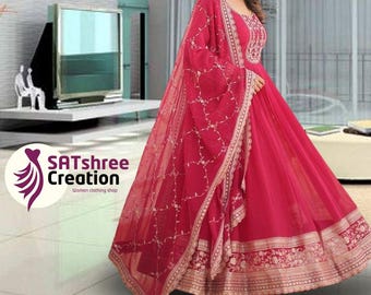 Pink Anarkali gown Flared gown with dupatta Full flair dress Indian wedding dress Sequins Embroidery Anarkali suit Readymade gown