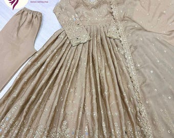 Designer Anarkali Gown Cinon Silk with Heavy Embroidery & 5mm Sequence Work Indian Wedding Dress Full Stitched Pakistani Gown