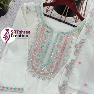 White Chinon Silk Salwar Kameez: Heavy Embroidery, Sequence Work, Pakistani-Indian Outfit
