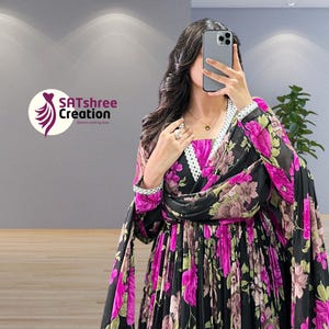 Multicolor Indian Designer Printed Gown With Dupatta, Party Wear Long Flared Anarkali Gown, ReadyMade Dresses For Eid , Wedding Gown Dress