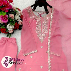 Pink Chanderi Salwar Kameez: Hand Pearl Work Punjabi Suit