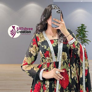 Floral Anarkali Dresses for women anarkali suit Soft Manipuri Silk Gown Bue Indian Wedding Dress party wear gown Full Stitched Flared Gown