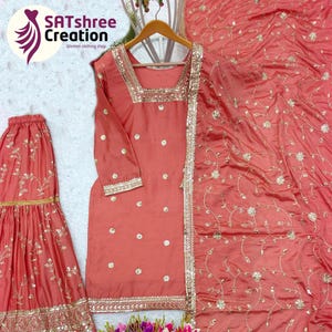 Salwar Kameez Dupatta, Pakistani Indian Women&#39;s Free Size Wear, Straight Trouser Kurtis Pant Suits, Gift For Her, Orange Color Outfit Dresse