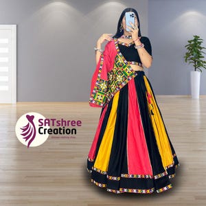 Blue Rayon Lehenga Choli: Mirror Border Garba Skirt - Navratri Festival Wear