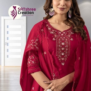 Hand Embroidered Red Silk Salwar Kameez: Pakistani Party Wear
