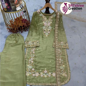 Embroidered Mahendi Green Punjabi Suit: Silk Salwar Kameez, Pakistani Wedding Wear