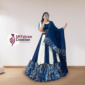 Blue Rayon Navratri Lehenga Choli: Mirror Work Garba Dress