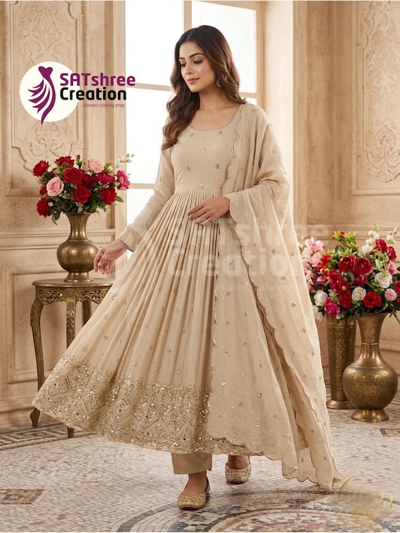 beige anarkali dress Gown With Dupatta for Women, Embroidered Ethnic Dress, Indian Party Wear Anarkali Suit, Wedding Festive Outfit Paired with a matching Ecom Body Type:Unknown ASU Male Service stripes Colour:ROSE QUARTZ AND BLACK