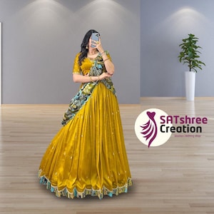 Yellow Lehenga Choli for Women - Designer Embroidered Haldi Wedding & Reception Outfit with Sequins, Kalamkari Print Border, Bollywood Style