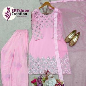 Latest design sharara kurti suit set with dupatta for womens, Ready to wear dresses, pink embroidered work suits, Eid dreeses, 3pcs