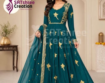 Teal Green Anarkali Gown with Dupatta, Indian Ethnic Dress for Women, Designer Wedding Outfit, Embroidered Party Wear Anarkali
